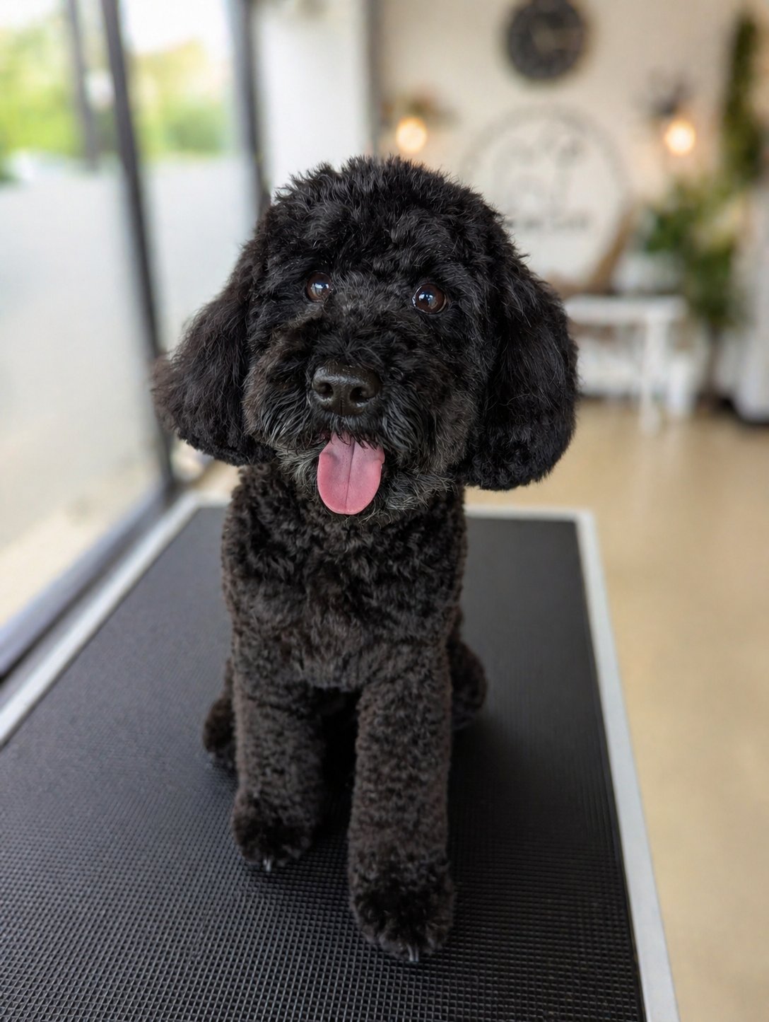 Happy black cockapoo freshly groomed at The Prancing Pup, Swansea